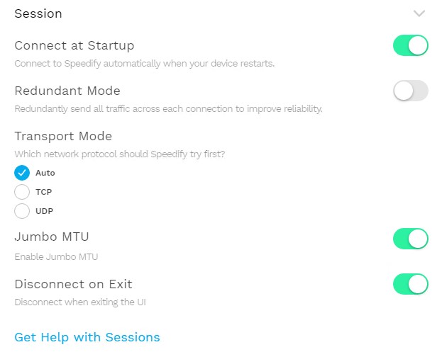 Speedify VPN Session Settings